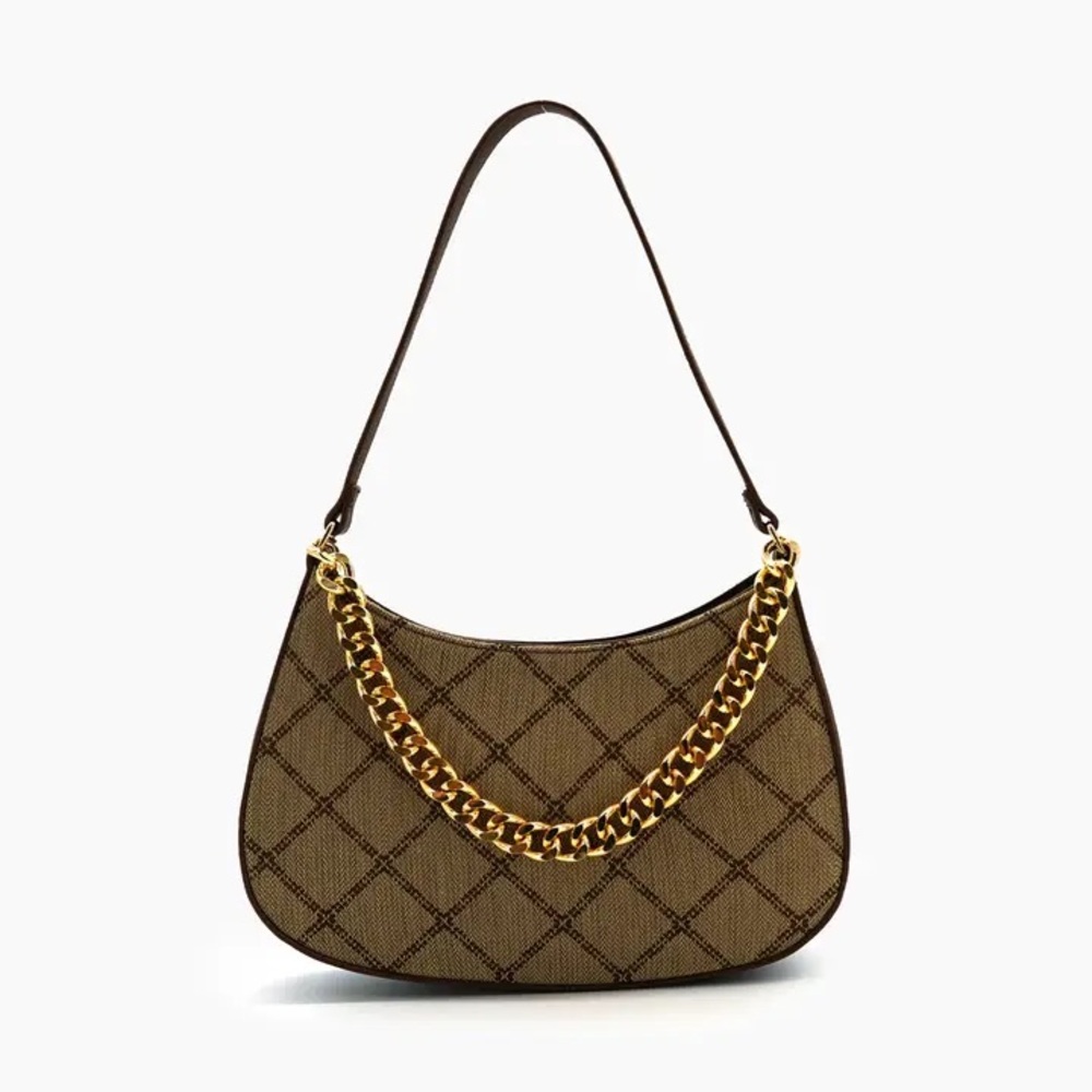 Quilted-Pattern Brown Shoulder Bag with Gold Chain Accent